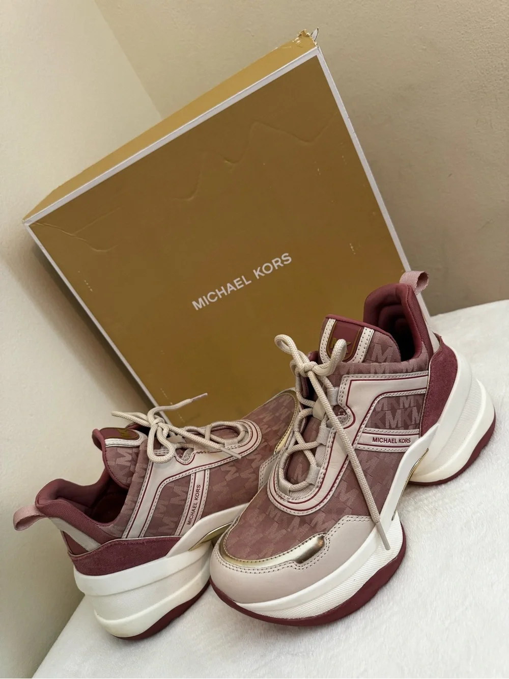 Michael Kors Pink , Beige and Gold Logo Women Sneakers